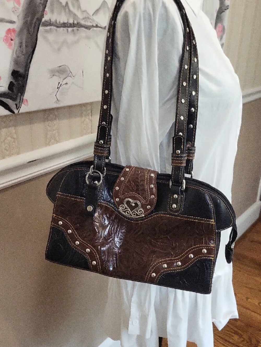 MC, Mark Chantel Dark Brown Embossed Shoulder Bag with Studded Trim